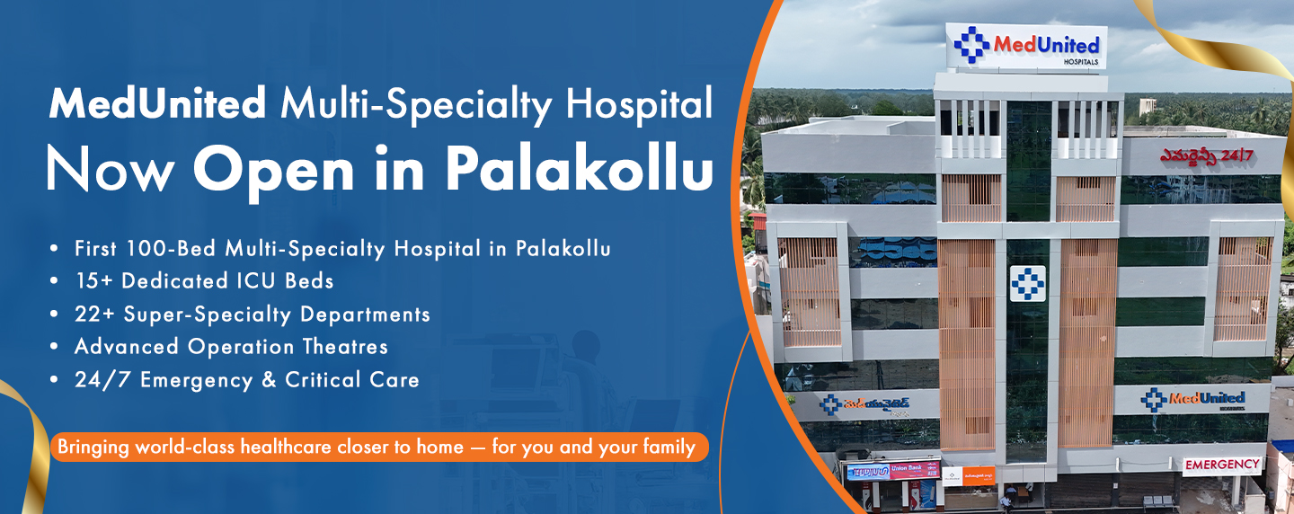 Image of a homepage banner poster showing the Best Hospital in Palakollu – MedUnited Hospitals MSU Opening and the newly launched hsopital building showing all the latest facilities in the best hospital in palakollu