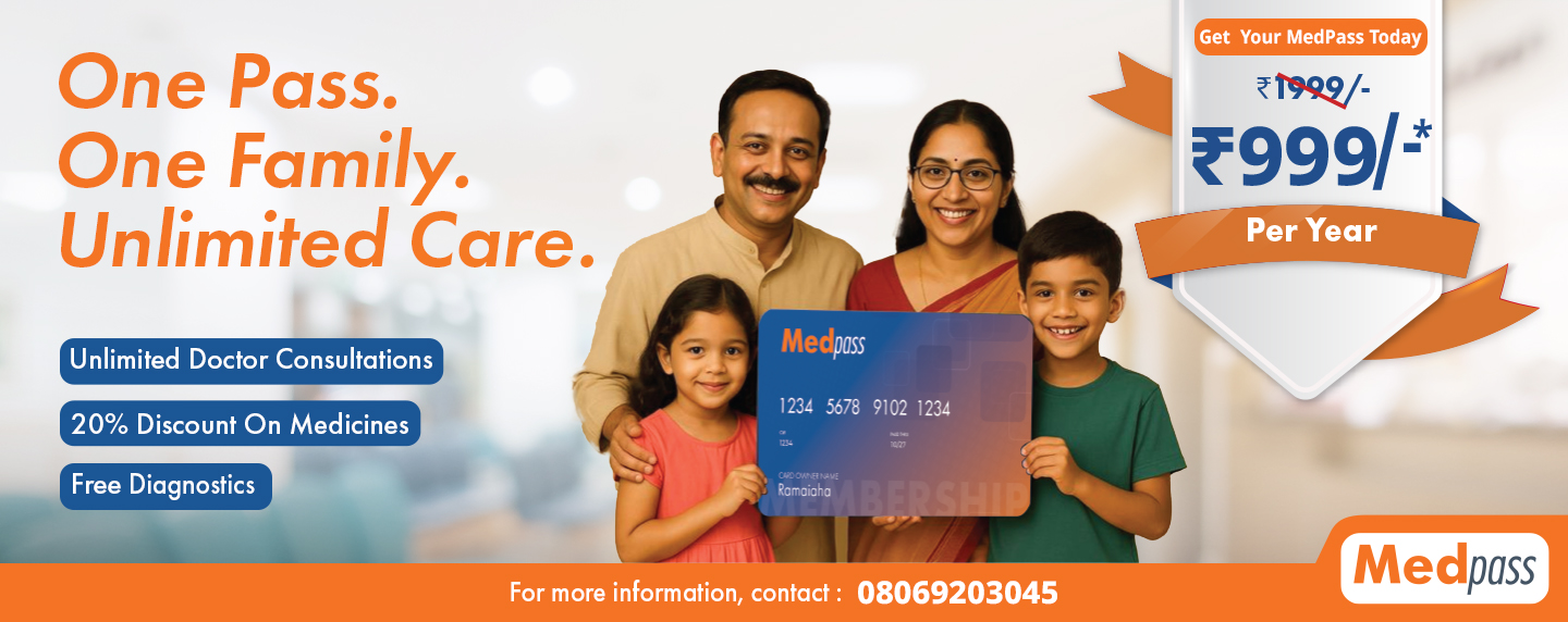Image of a medunited website homepage hero banner poster which shows about medpass which is a newly launched family health membership card for palakollu location where a family of four is holding the medpass card
